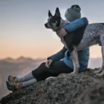 Female Hiker and pet dog watching the view from atop a hill